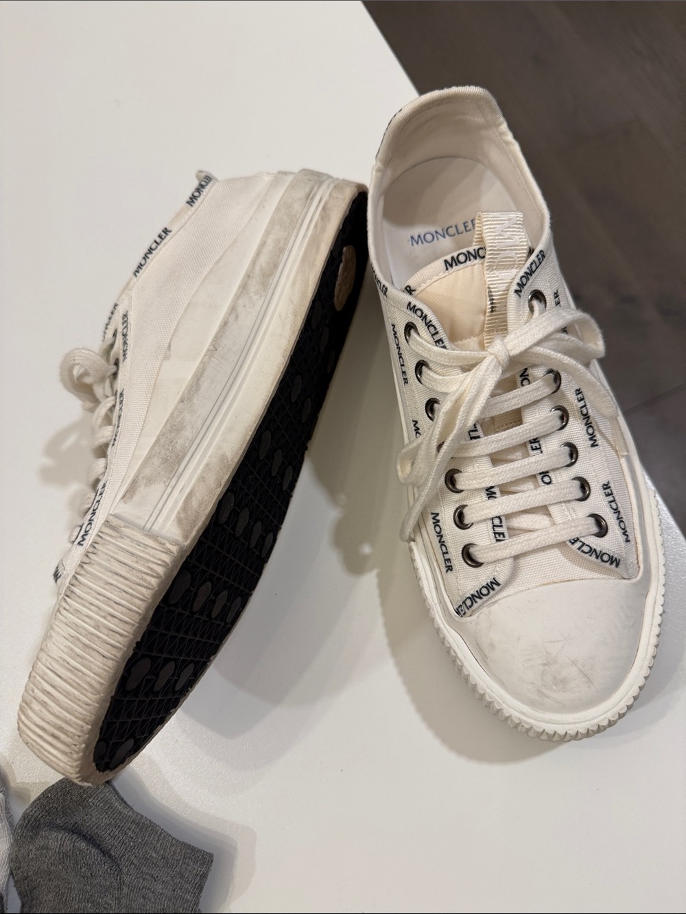 Moncler Off-White Canvas Lace-Up Sneakers - Picture 2 of 2